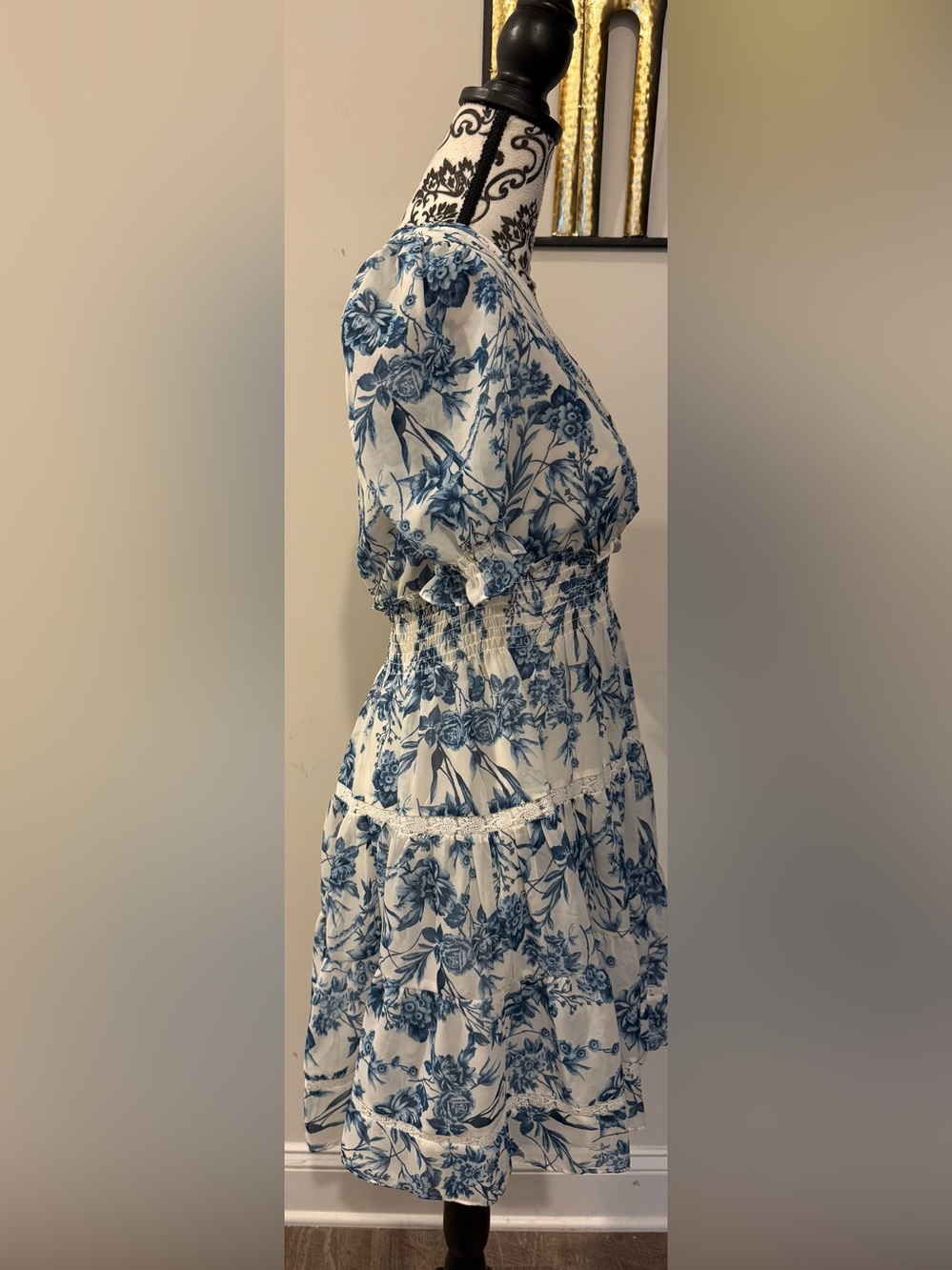 Taylor Blue & Cream Floral Wrap-Style Midi Dress - Picture 5 of 10